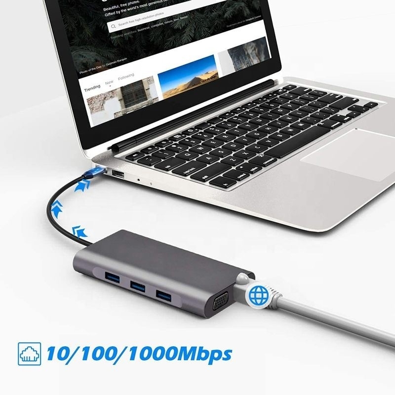 USB C Hub Type-C เป็น USB 3.0 HDMI VGA RJ45 Lan SD TF ออดิโอ USB Grey Multiport Adapter