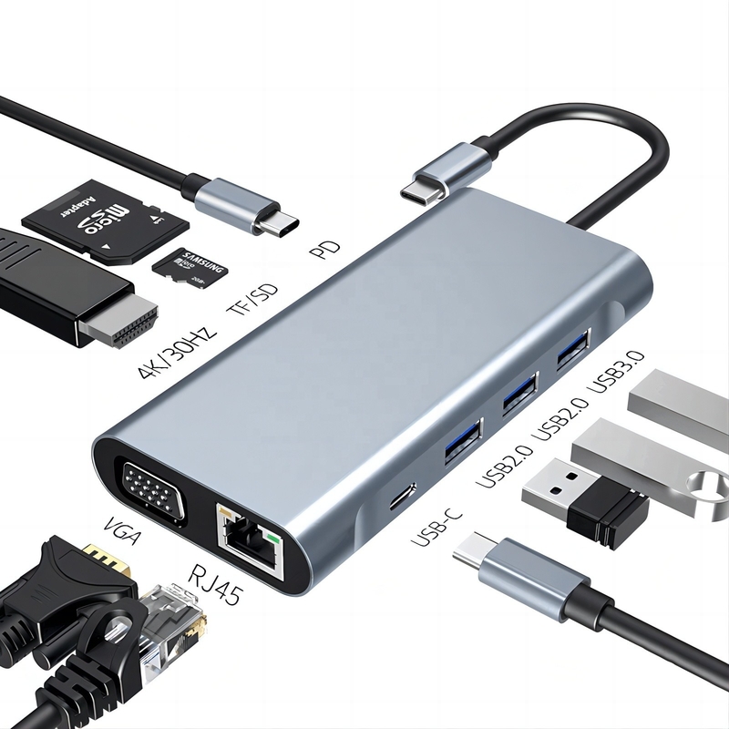 USB C Type C 10 ใน 1 สถานี dock กับ 4K HDTV VGA Lan RJ45 USB3.0 Card Reader PD