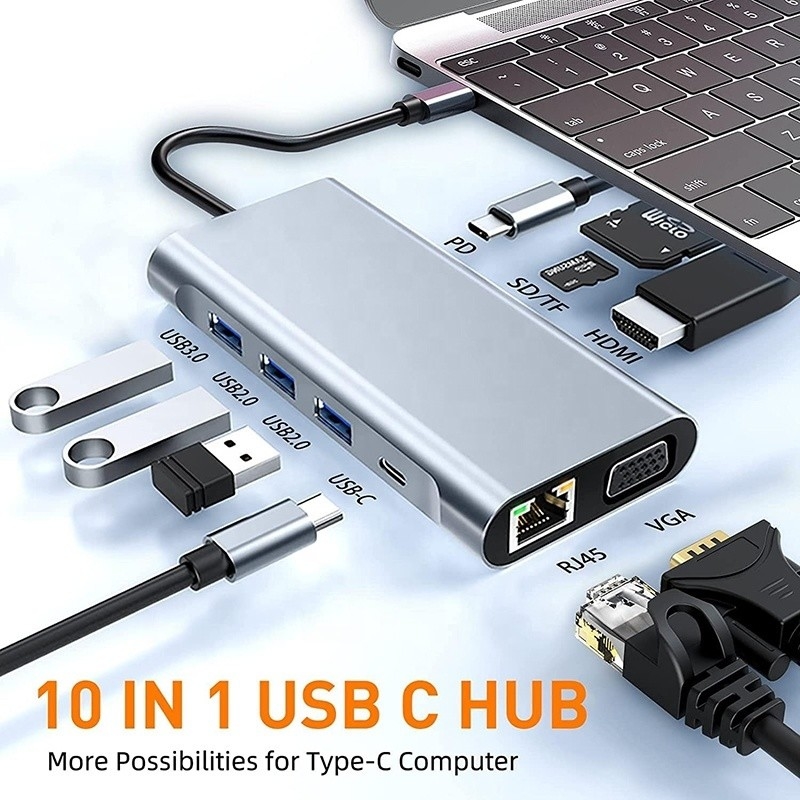USB C Type C 10 ใน 1 สถานี dock กับ 4K HDTV VGA Lan RJ45 USB3.0 Card Reader PD