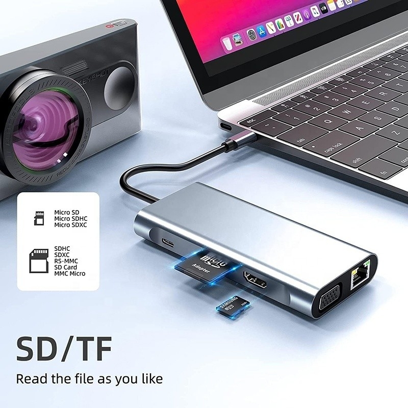 USB C Type C 10 ใน 1 สถานี dock กับ 4K HDTV VGA Lan RJ45 USB3.0 Card Reader PD