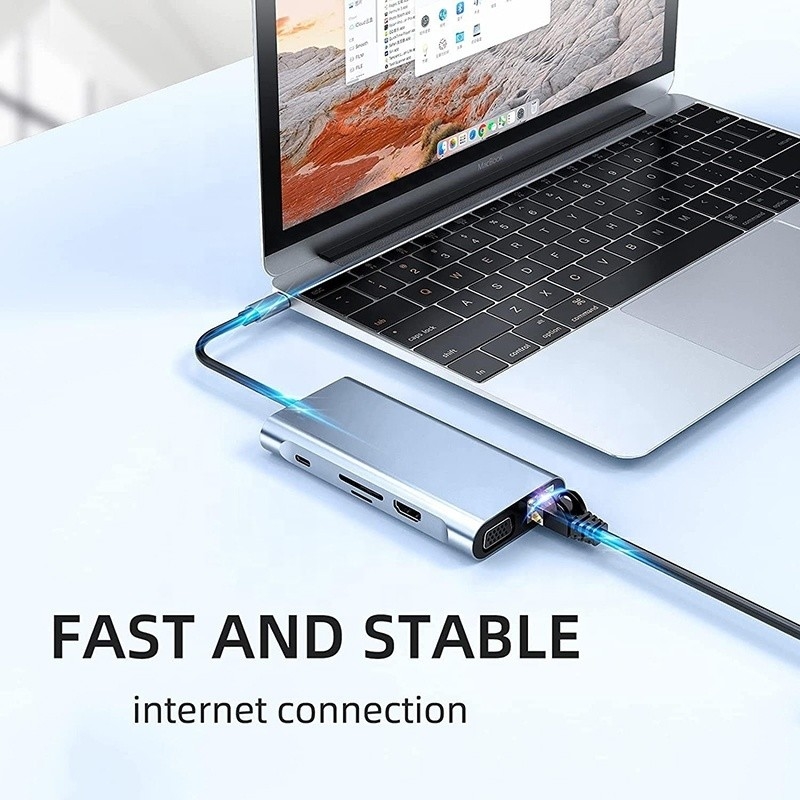 USB C Type C 10 ใน 1 สถานี dock กับ 4K HDTV VGA Lan RJ45 USB3.0 Card Reader PD