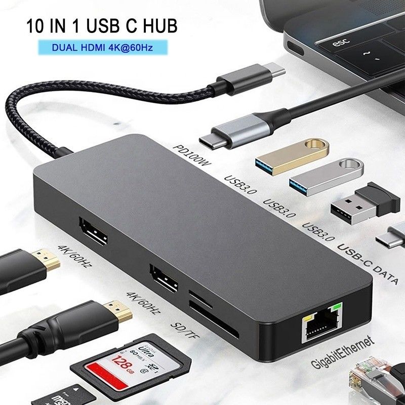 10 ใน 1 USB C Hub To Dual HDMI 4K 60Hz Adapter Dock กับ USB 3.0 Ethernet RJ45 1000Mbps