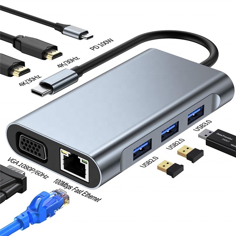 Multi Function 8-In-1 USB-C USB C Docking Station พร้อมพอร์ต HDMI 4K และ 2 พอร์ต HDMI สีเทา