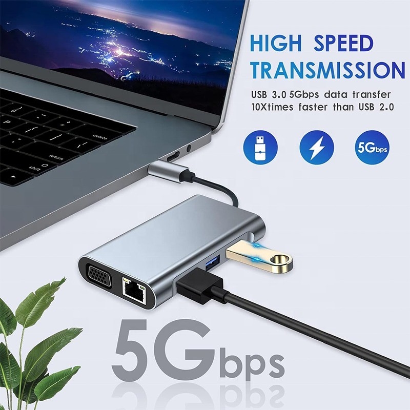 Multi Function 8-In-1 USB-C USB C Docking Station พร้อมพอร์ต HDMI 4K และ 2 พอร์ต HDMI สีเทา