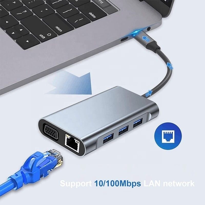 Multi Function 8-In-1 USB-C USB C Docking Station พร้อมพอร์ต HDMI 4K และ 2 พอร์ต HDMI สีเทา
