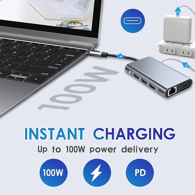 Multi Function 8-In-1 USB-C USB C Docking Station พร้อมพอร์ต HDMI 4K และ 2 พอร์ต HDMI สีเทา