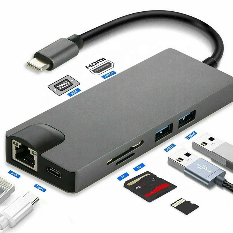 8-ใน-1 USB C Hub Type-C Type C 3.1 ถึง 4K HDMI HDTV RJ45 Lan Ethernet PD USB3.0 แอดป์เตอร์ฮับ