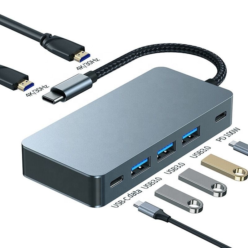 4K 30Hz Dual HDMI USB 3.0 Adapter Docking Station 7 ใน 1 Multiport USB C Type C ฮับ