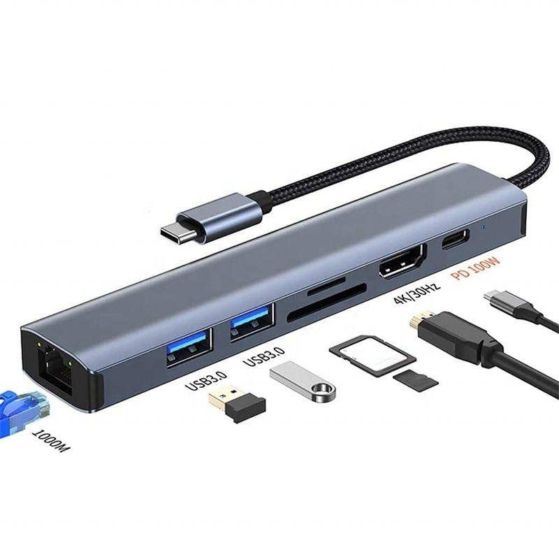 สีเทา 7 In 1 USB C Type C Hub พร้อม 1000M RJ45 Gigabit Ethernet 4K HDMI PD 100W แอดป์เตอร์