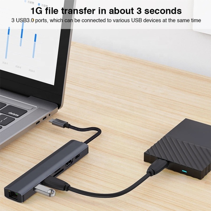 สีเทา 7 In 1 USB C Type C Hub พร้อม 1000M RJ45 Gigabit Ethernet 4K HDMI PD 100W แอดป์เตอร์