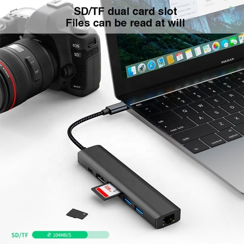 สีเทา 7 In 1 USB C Type C Hub พร้อม 1000M RJ45 Gigabit Ethernet 4K HDMI PD 100W แอดป์เตอร์