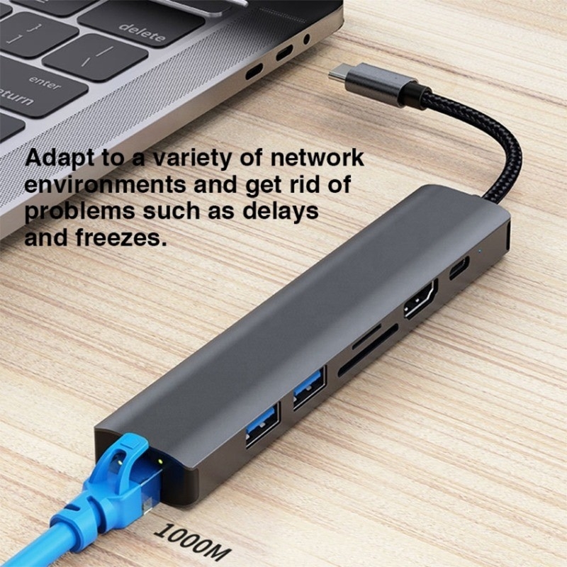 สีเทา 7 In 1 USB C Type C Hub พร้อม 1000M RJ45 Gigabit Ethernet 4K HDMI PD 100W แอดป์เตอร์