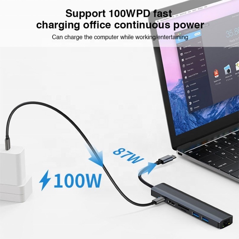 สีเทา 7 In 1 USB C Type C Hub พร้อม 1000M RJ45 Gigabit Ethernet 4K HDMI PD 100W แอดป์เตอร์