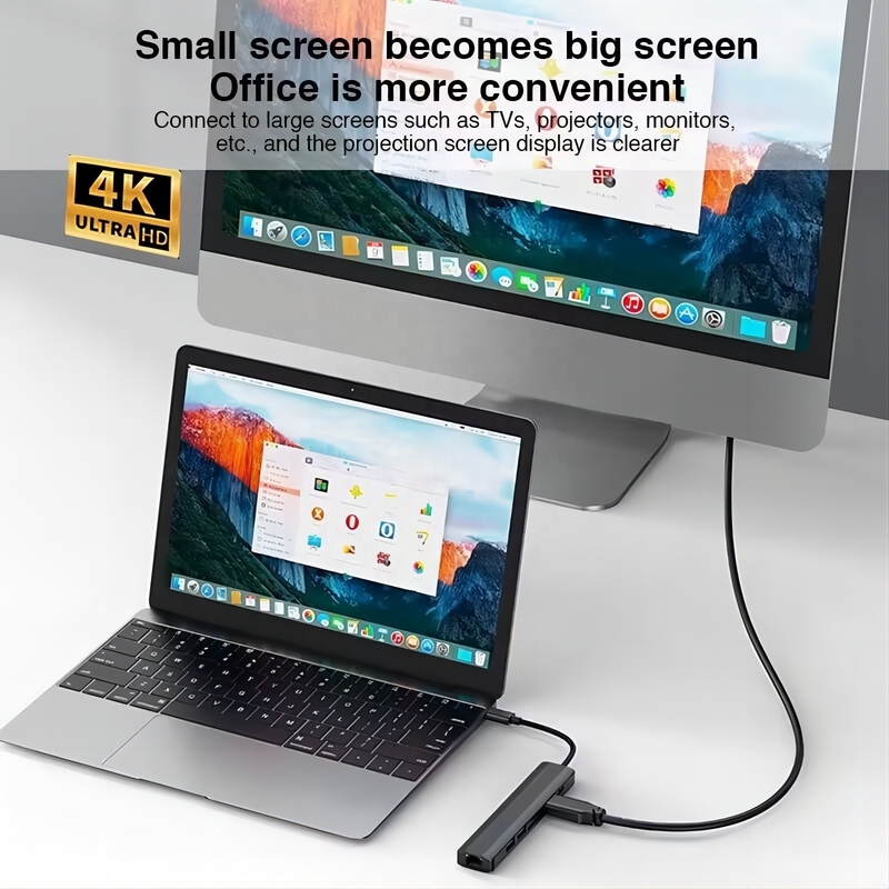 สีเทา 7 In 1 USB C Type C Hub พร้อม 1000M RJ45 Gigabit Ethernet 4K HDMI PD 100W แอดป์เตอร์