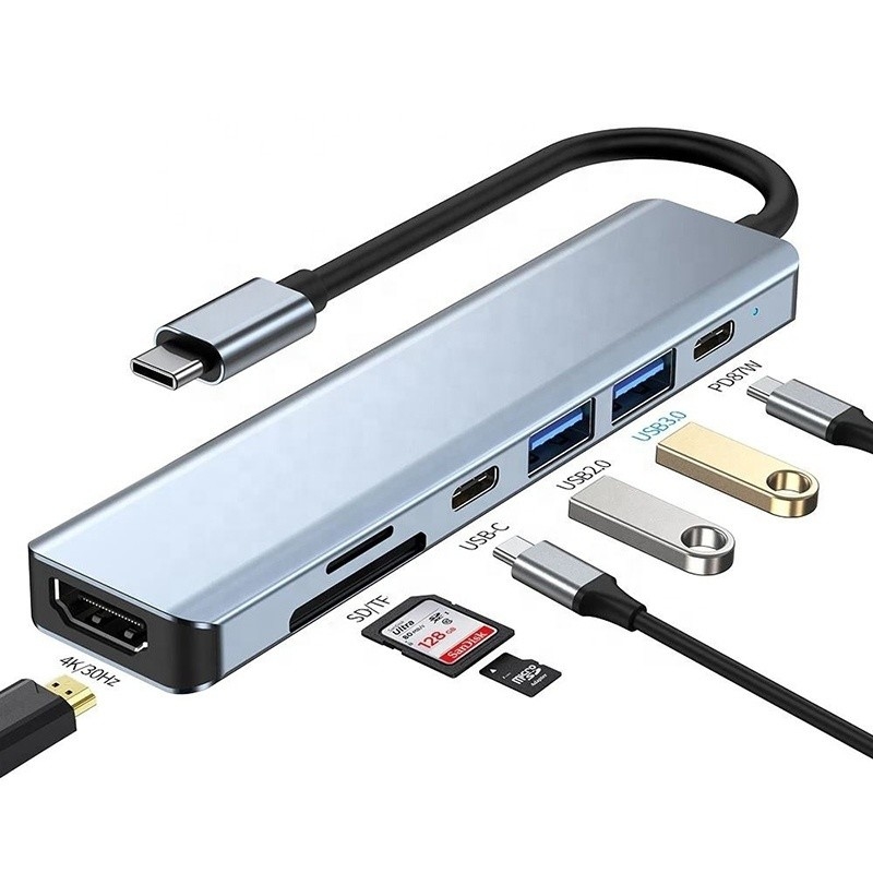 สีเทา 7 ใน 1 USB C ถึง HDMI Adapter Hub Dock พร้อม 4K HD HDMI PD SD TF SD / TF Card Reader