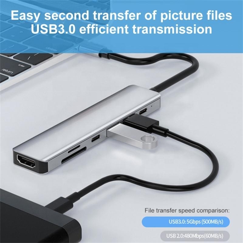 สีเทา 7 ใน 1 USB C ถึง HDMI Adapter Hub Dock พร้อม 4K HD HDMI PD SD TF SD / TF Card Reader