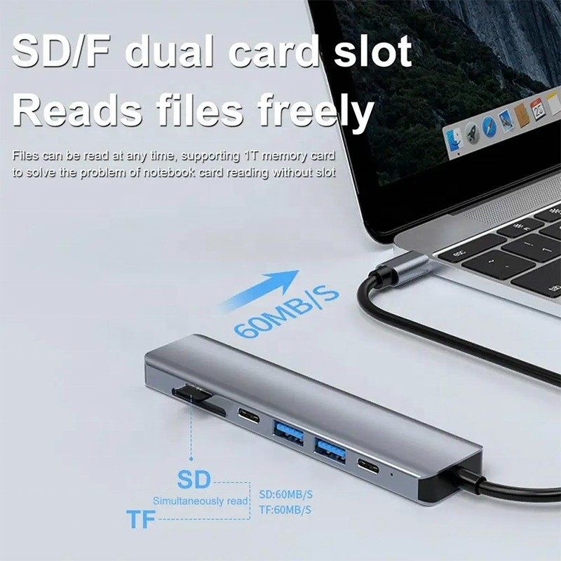 สีเทา 7 ใน 1 USB C ถึง HDMI Adapter Hub Dock พร้อม 4K HD HDMI PD SD TF SD / TF Card Reader