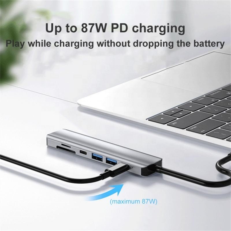 สีเทา 7 ใน 1 USB C ถึง HDMI Adapter Hub Dock พร้อม 4K HD HDMI PD SD TF SD / TF Card Reader