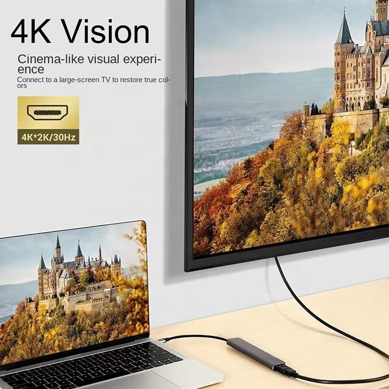 สีเทา 7 ใน 1 USB C ถึง HDMI Adapter Hub Dock พร้อม 4K HD HDMI PD SD TF SD / TF Card Reader