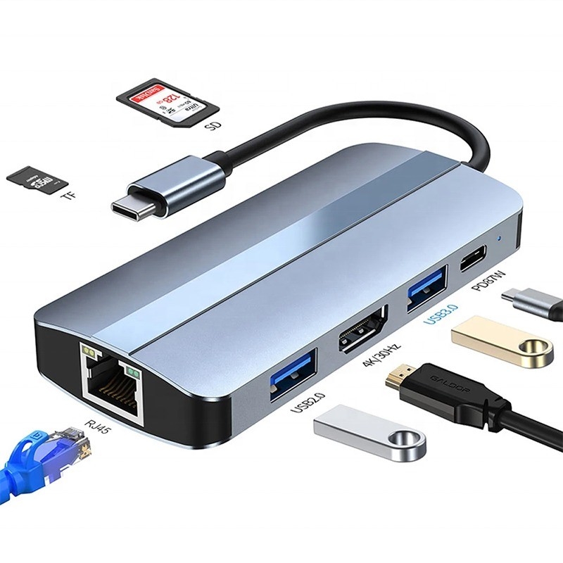 7 ใน 1 USB C USB-C Hub สําหรับ Macbook สีเทา HDMI USB 3.0 USB2.0 RJ45 SD/TF Card Reader PD Output