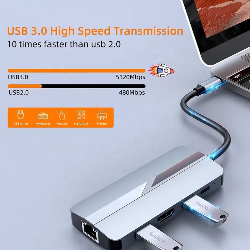 7 ใน 1 USB C USB-C Hub สําหรับ Macbook สีเทา HDMI USB 3.0 USB2.0 RJ45 SD/TF Card Reader PD Output