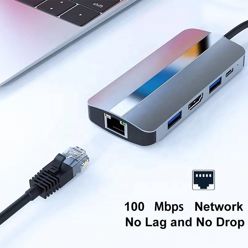 7 ใน 1 USB C USB-C Hub สําหรับ Macbook สีเทา HDMI USB 3.0 USB2.0 RJ45 SD/TF Card Reader PD Output
