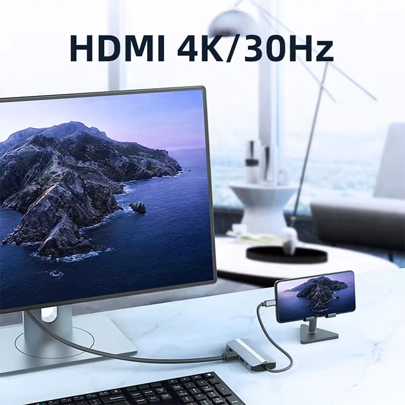 7 ใน 1 USB C USB-C Hub สําหรับ Macbook สีเทา HDMI USB 3.0 USB2.0 RJ45 SD/TF Card Reader PD Output