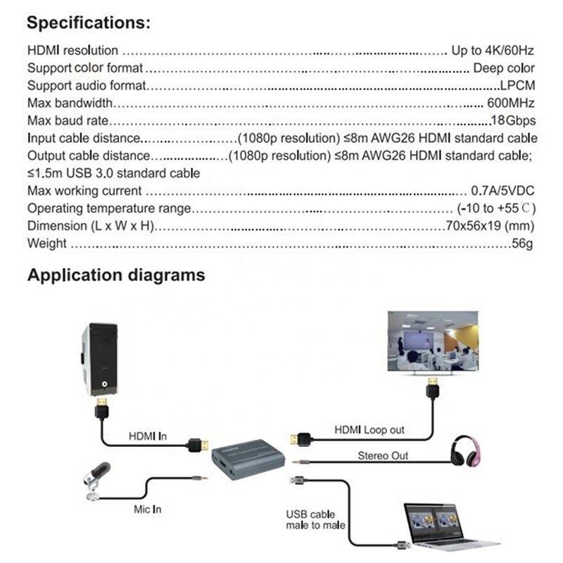 การ์ดถ่ายวิดีโอมืออาชีพ 4K 60Hz HDMI ถึง USB3.0 พร้อมออกเสียงและ USB 30