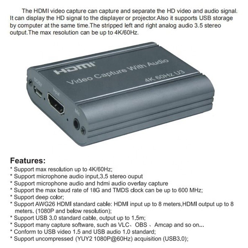 การ์ดถ่ายวิดีโอมืออาชีพ 4K 60Hz HDMI ถึง USB3.0 พร้อมออกเสียงและ USB 30