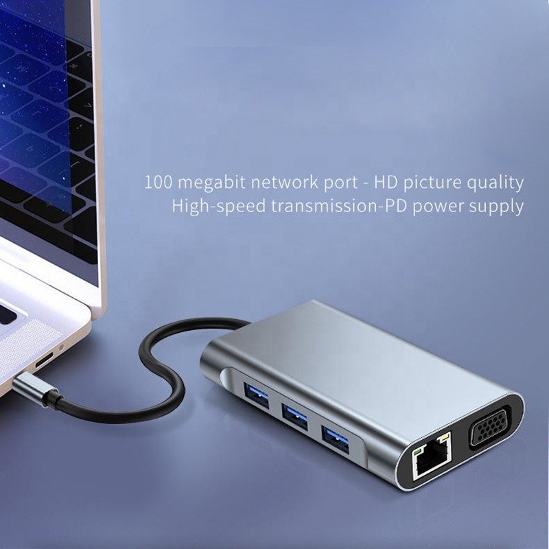 สถานี dock USB Type C 7 ใน 1 พร้อม HDTV HDMI VGA USB RJ45 และการโอนข้อมูลอย่างรวดเร็ว