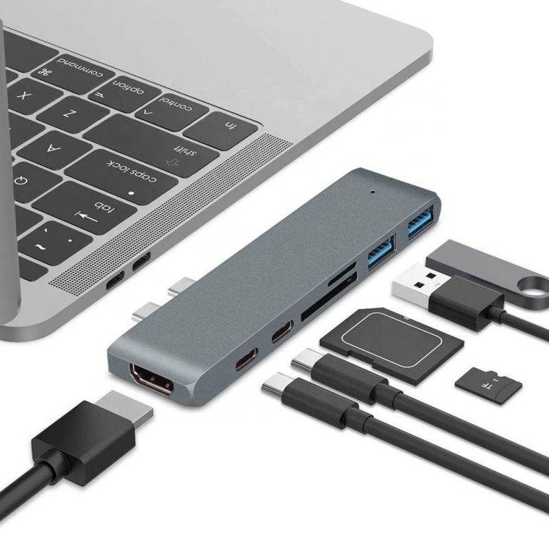 สถานี dock 7-in-2 Hub ด้วยการเข้าแบบ C แบบชายแบบสองแบบ และ USB 3.1 แบบอินเตอร์เฟส