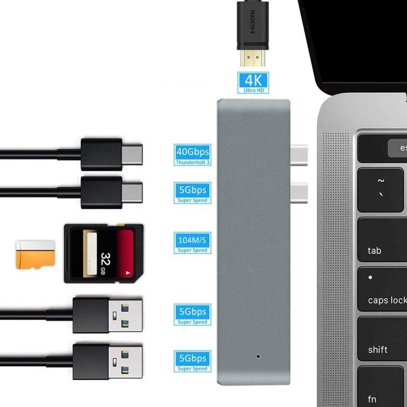 สถานี dock 7-in-2 Hub ด้วยการเข้าแบบ C แบบชายแบบสองแบบ และ USB 3.1 แบบอินเตอร์เฟส