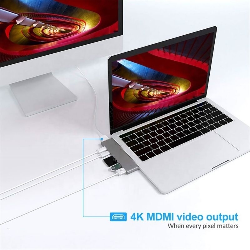 สถานี dock 7-in-2 Hub ด้วยการเข้าแบบ C แบบชายแบบสองแบบ และ USB 3.1 แบบอินเตอร์เฟส