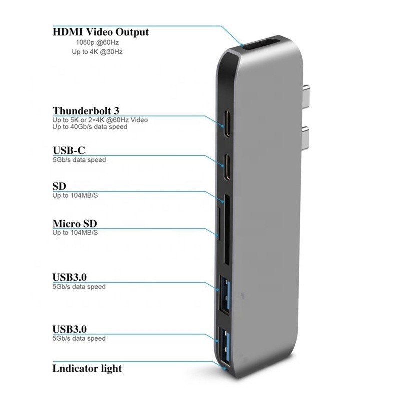 Multiport Docking Station 6-In-1 Type-C Hub Adapter พร้อม SD/TF 2*USB3.0 2*USB-C ออก