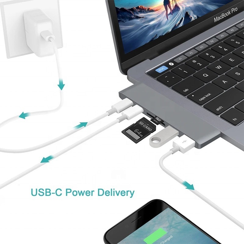 Multiport Docking Station 6-In-1 Type-C Hub Adapter พร้อม SD/TF 2*USB3.0 2*USB-C ออก