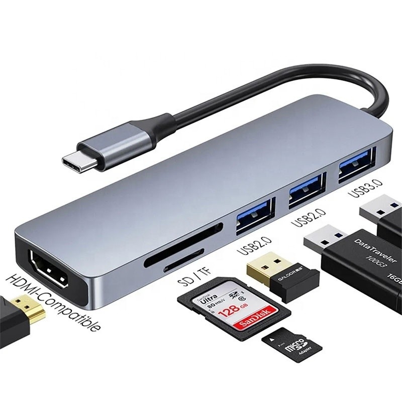 6-ใน-1 Multiport Laptop Docking Station พร้อม 4K HD HDMI HDTV USB 3.0 SD TF Card Reader