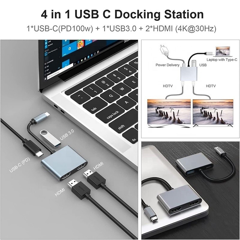 อัดแปลง 4 ใน 1 USB C ถึง 2 4K HDMI MST สําหรับการชาร์จ การถ่ายทอดข้อมูลและการออกวิดีโอ