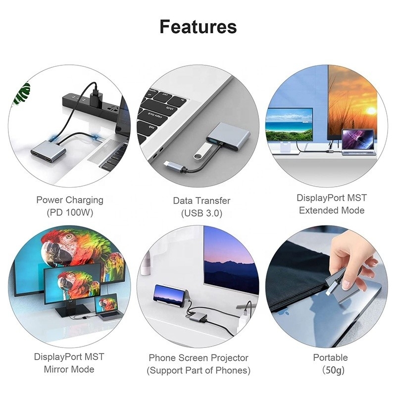 อัดแปลง 4 ใน 1 USB C ถึง 2 4K HDMI MST สําหรับการชาร์จ การถ่ายทอดข้อมูลและการออกวิดีโอ