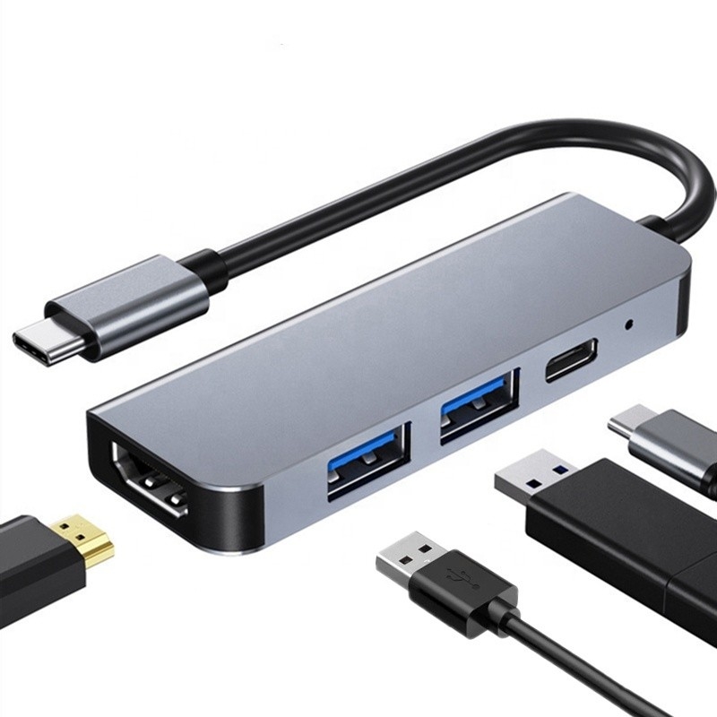 4K HDMI รองรับประเภท C ไปยัง USB C Hub Adapter พร้อม 2 Port ชาร์จ USB3.0 และ PD
