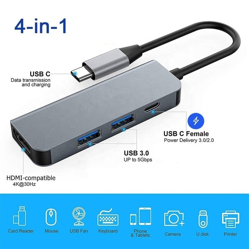 4K HDMI รองรับประเภท C ไปยัง USB C Hub Adapter พร้อม 2 Port ชาร์จ USB3.0 และ PD