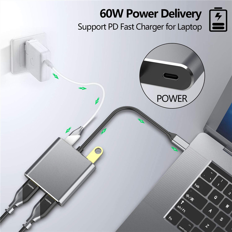 สถานี dock 4 ใน 1 พร้อม 2 Port HDMI 4K Dual และ USB-C Type-C to Dual HDMI Adapter