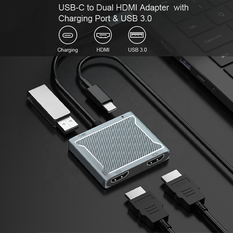 USB C Type C Interface Connector Dual HDMI Adapter 4K 4 ใน 1 USB 3.0 Hub สําหรับคอมพิวเตอร์