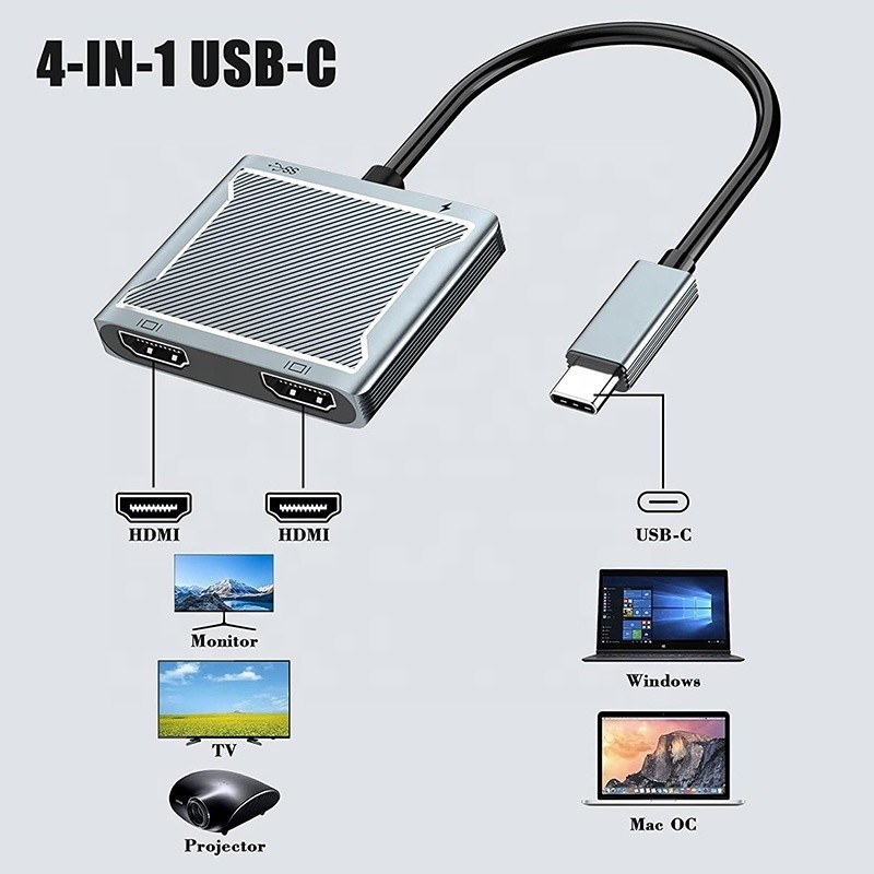 USB C Type C Interface Connector Dual HDMI Adapter 4K 4 ใน 1 USB 3.0 Hub สําหรับคอมพิวเตอร์