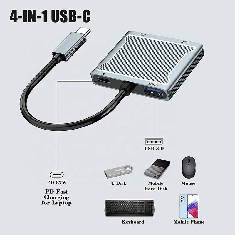 USB C Type C Interface Connector Dual HDMI Adapter 4K 4 ใน 1 USB 3.0 Hub สําหรับคอมพิวเตอร์