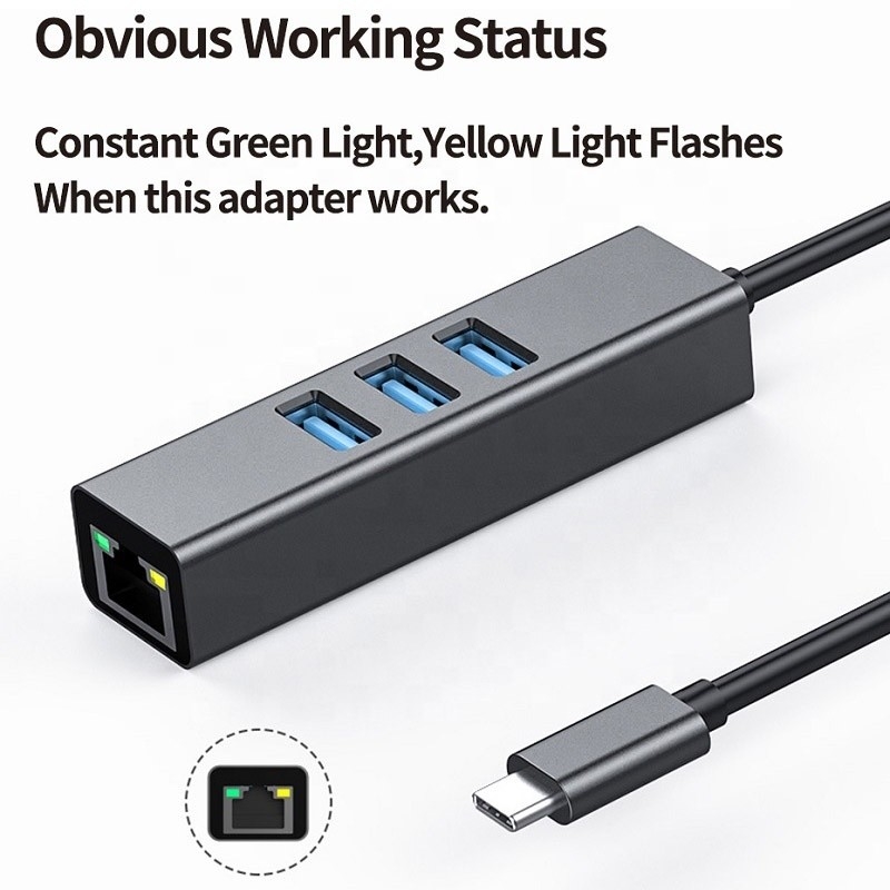 USB 3.1 ประเภท C ถึง 9 ท่าทาง USB3.0 ฮับด้วย Gigabit Ethernet RJ45 Lan Port Adapter สีเทา