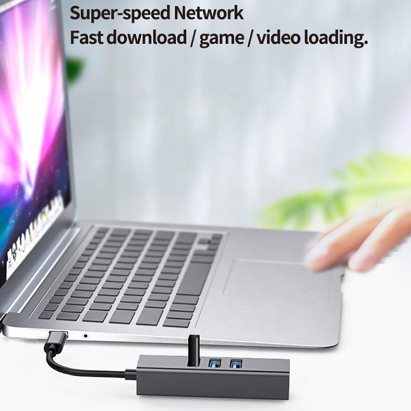 USB 3.1 ประเภท C ถึง 9 ท่าทาง USB3.0 ฮับด้วย Gigabit Ethernet RJ45 Lan Port Adapter สีเทา