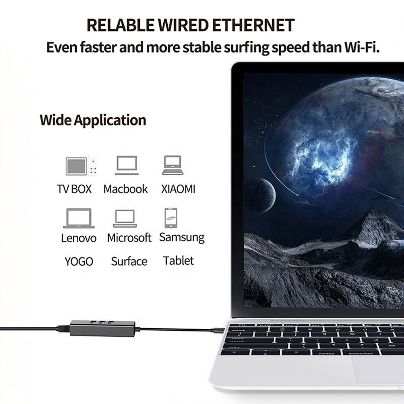 USB 3.1 ประเภท C ถึง 9 ท่าทาง USB3.0 ฮับด้วย Gigabit Ethernet RJ45 Lan Port Adapter สีเทา