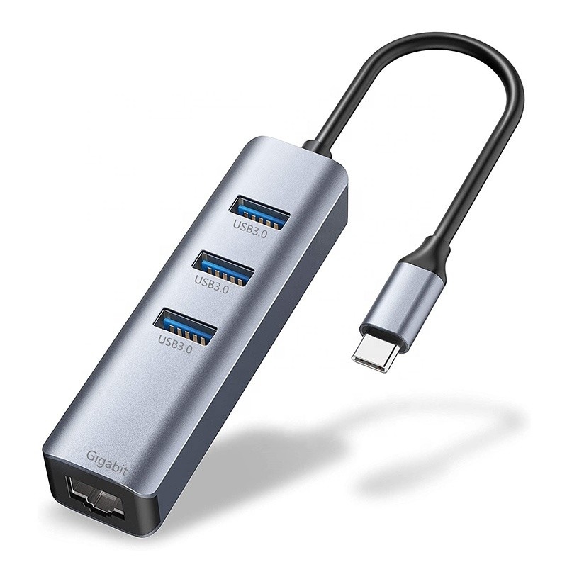 USB 3.1 อินเตอร์เฟสประเภท C ถึง 9 ท่าทาง USB A 3.0 แอดป์เตอร์พร้อมบัตรเครือข่าย Ethernet Gigabit RJ45 สีเทา