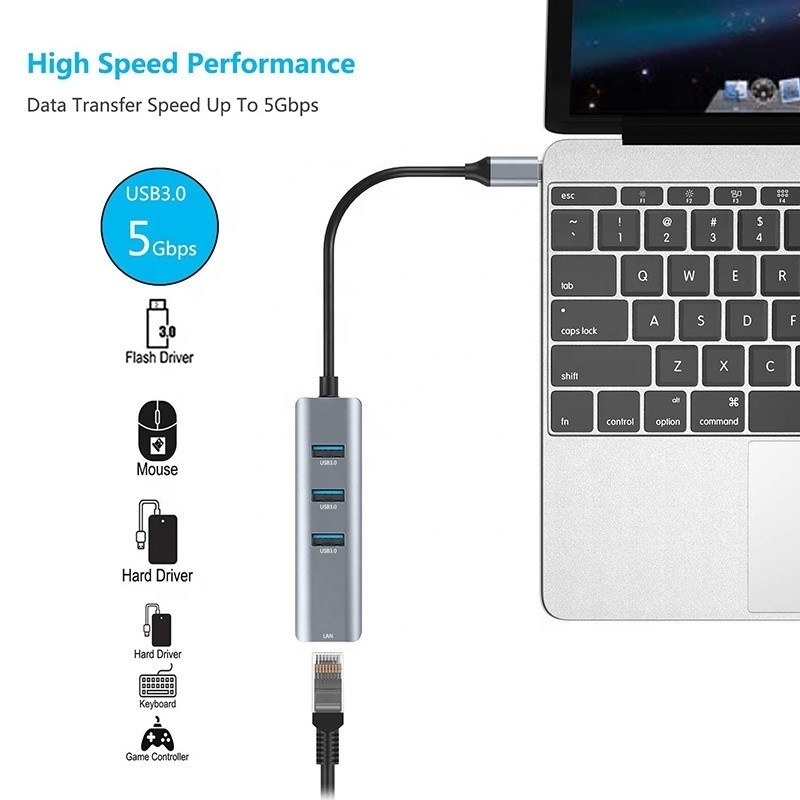 USB 3.1 อินเตอร์เฟสประเภท C ถึง 9 ท่าทาง USB A 3.0 แอดป์เตอร์พร้อมบัตรเครือข่าย Ethernet Gigabit RJ45 สีเทา