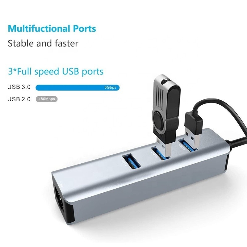 USB 3.1 อินเตอร์เฟสประเภท C ถึง 9 ท่าทาง USB A 3.0 แอดป์เตอร์พร้อมบัตรเครือข่าย Ethernet Gigabit RJ45 สีเทา